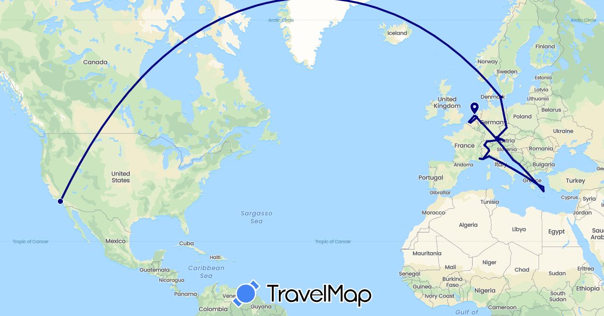 TravelMap itinerary: driving in Austria, Belgium, Switzerland, Czech Republic, Germany, Denmark, France, Greece, Croatia, Italy, Monaco, Netherlands, Sweden, United States (Europe, North America)