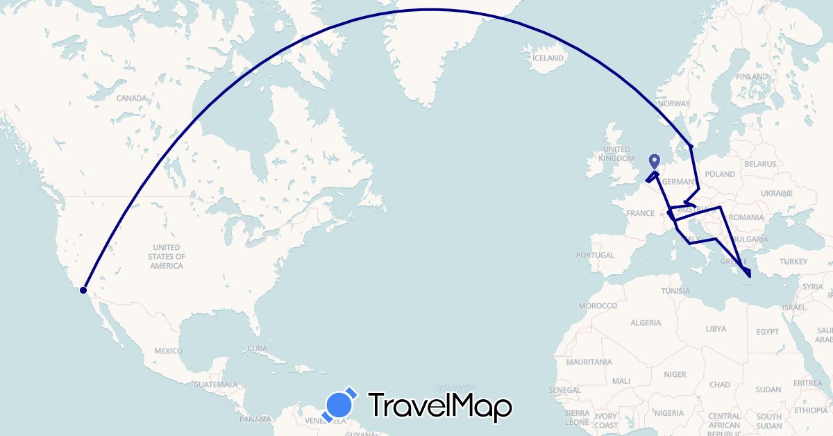 TravelMap itinerary: driving in Austria, Belgium, Switzerland, Czech Republic, Germany, Denmark, Greece, Croatia, Hungary, Italy, Netherlands, Sweden, United States (Europe, North America)
